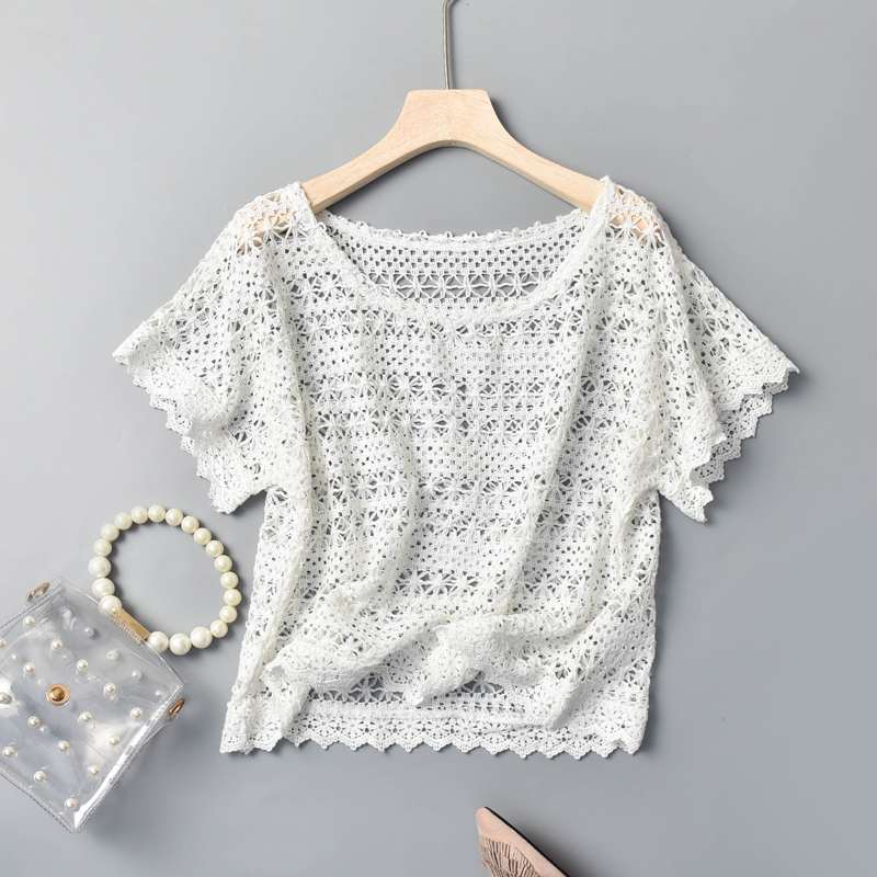 2025夏新款韩版蕾丝罩衫宽松大码胖MM短款钩花镂空套头上衣200斤