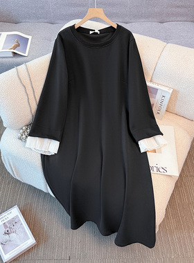 秋季时尚黑色长袖连衣裙女拼接宽松显瘦长裙大码百搭赫本风休闲裙