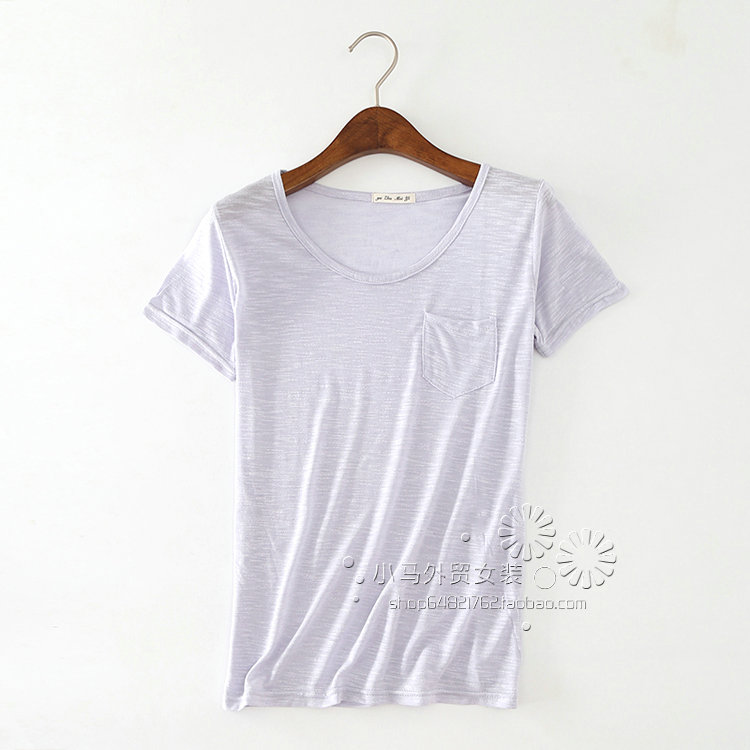 包邮夏季欧美纯色圆领宽松大码百搭竹节口袋T恤休闲短袖女打底衫