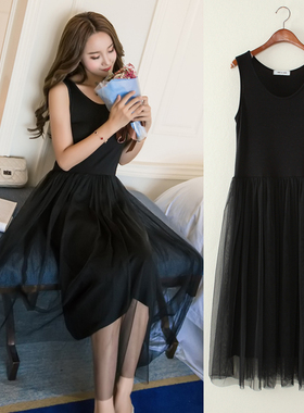 2025夏季韩版莫代尔长裙拼接网纱裙宽松大码背心打底蓬蓬裙连衣裙