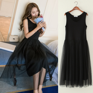 背心打底蓬蓬裙连衣裙 莫代尔长裙拼接网纱裙宽松大码 2025夏季 韩版