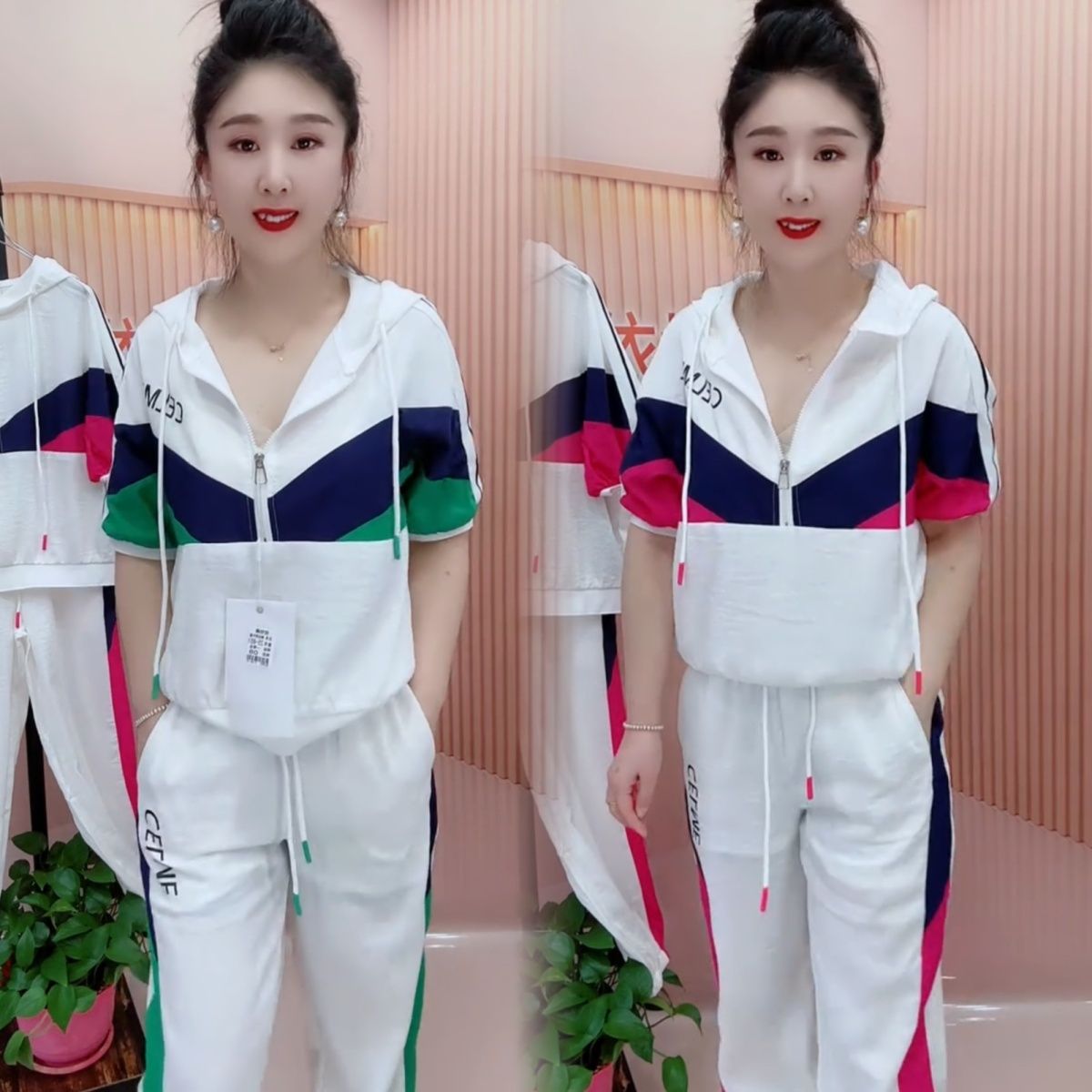 洋气时尚拼色休闲套装女夏2025新款中年妈妈连帽卫衣运动裤两件套