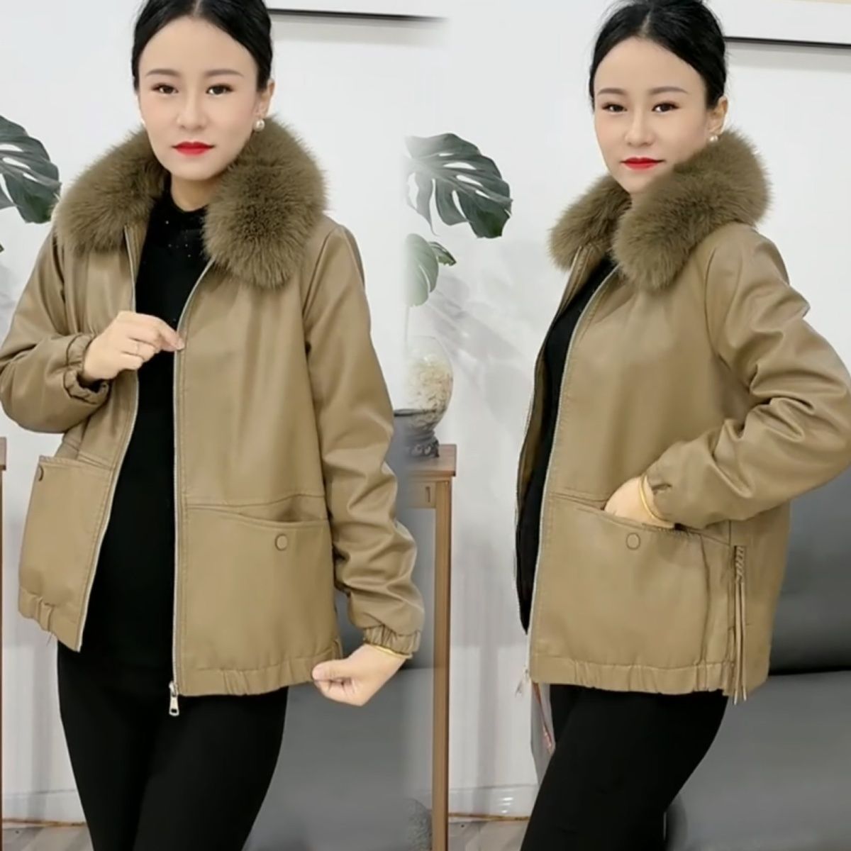 流行毛领加绒皮衣外套女2024冬季新款小个子短款宽松pu机车服夹克