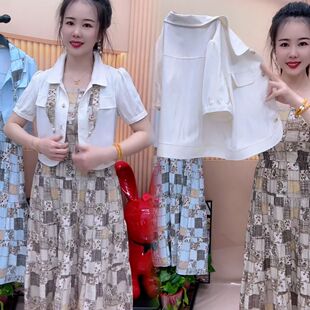 爆款时尚吊带连衣裙短袖外套两件套2026收腰显瘦气质小个女裙遮肉