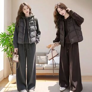 2026秋冬新款羽绒棉马甲针织连帽卫衣阔腿裤三件套女时尚显瘦套装