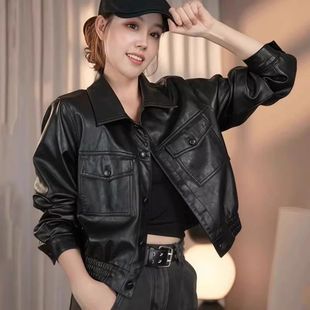 PU皮衣外套翻领宽松落肩袖 复古设计感短款 上衣机车女 时尚 早秋新款