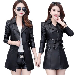 春秋海宁皮衣女中长款 加棉女装 韩版 大码 皮风衣外套潮 修身 2026新款