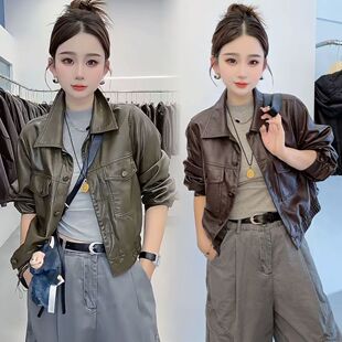 机车PU皮夹克外套 设计感时尚 复古翻领油蜡皮短款 皮衣女2026秋新款