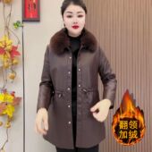 PU皮衣外套女2025年新款 中年加绒加厚夹克 时尚 洋气妈妈中长款 冬季