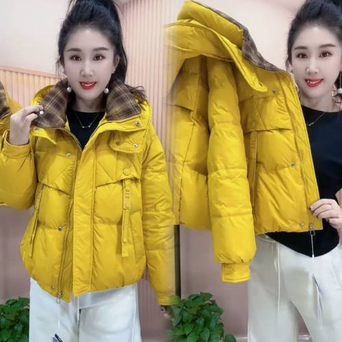 2025冬新款短款格领连帽防寒羽绒服时尚洋气鸭绒外套过冬百搭ins