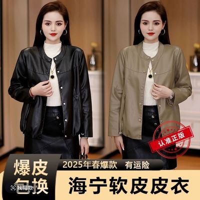 海宁立领皮衣女短款宽松显瘦皮褂