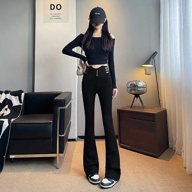 黑色微喇叭裤女春秋新款高腰弹力显瘦百搭加绒外穿打底裤九分长裤