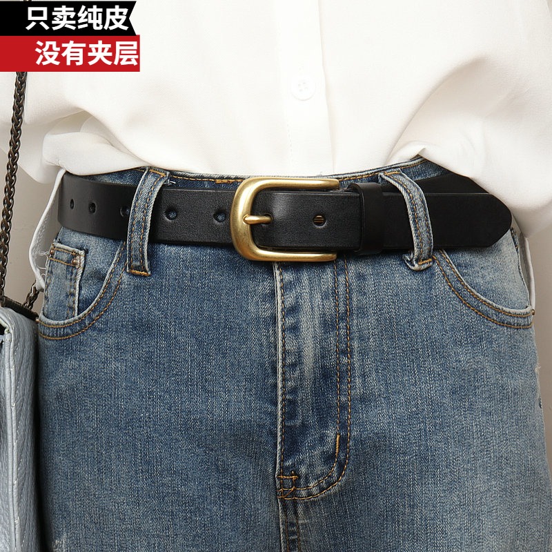 2025新款纯铜扣皮带女牛仔裤复古实用百搭韩版头层牛皮腰带宽黑色