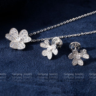 高定版繁花纯银项链轻奢小众au750幸运草花瓣满钻锁骨链花朵手链
