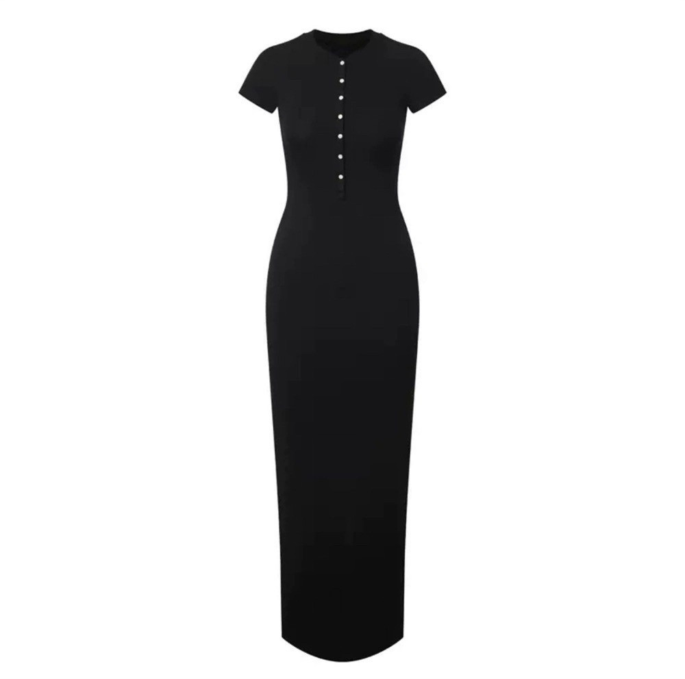 开叉修身长裙收腰亨利领