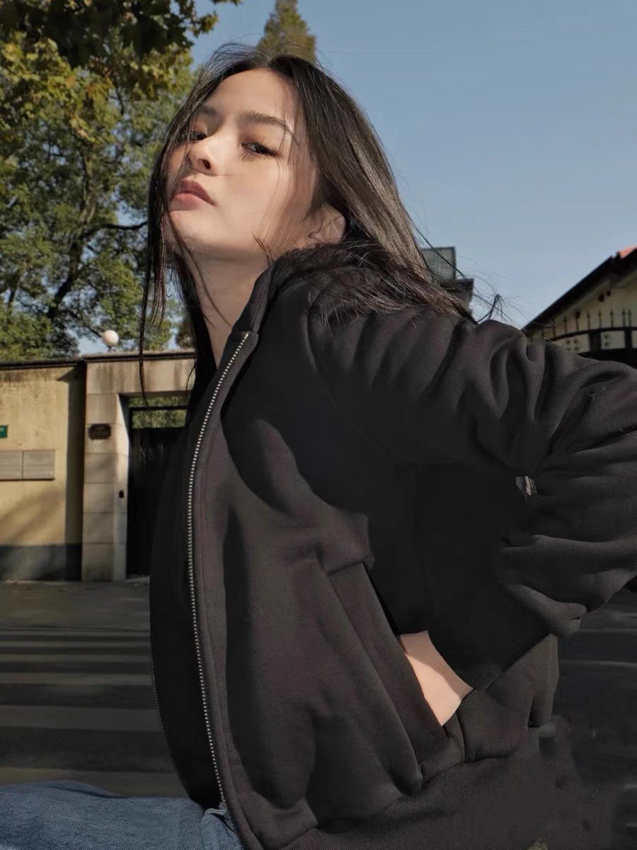 REFLEXION紧身短款卫衣加绒舒服保暖连帽拉链开衫卫衣