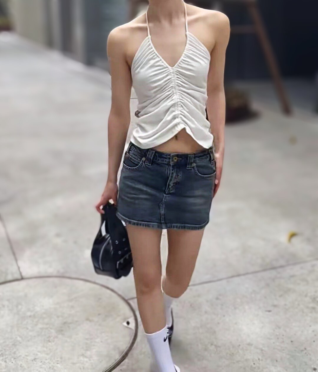 REFLEXION定制夏季抽褶褶皱露背纯棉吊带遮副乳挂脖背心