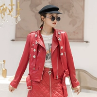 Leather Slim Leather Women 2019 Thu và đông Da cừu mới Công nghiệp nặng Kim cương Áo khoác ngắn Lapel Wild Bike Quần áo - Quần áo da áo da zara nữ chính hàng