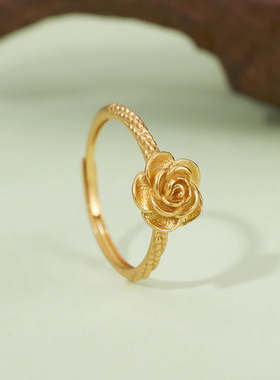 实拍s925银玫瑰花戒指女古法素银国潮复古花卉活口戒手饰