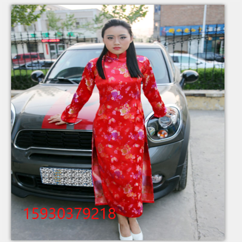 缎子面新娘服装 越南奥黛表演服民族演出服装定制茶艺服送斗笠帽