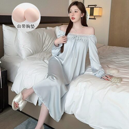 带胸垫睡裙女夏季冰丝薄款长袖大码纯色长裙网红高级感春秋家居服