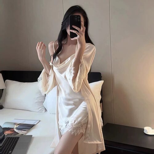 性感睡衣女春秋冰丝薄款长袖吊带睡裙睡袍高级感纯欲荡领家居服