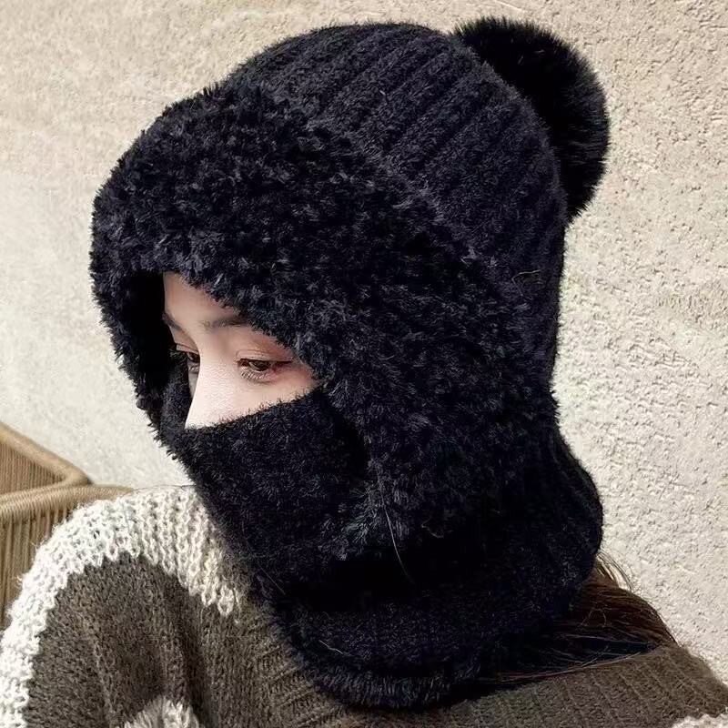 冬季保暖一体帽子冬女加绒加厚骑车护耳毛线帽防寒遮脸针织连体帽
