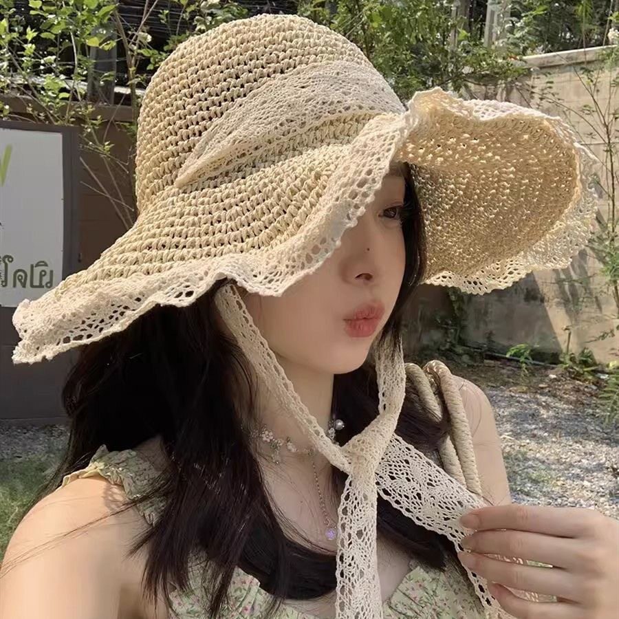 草帽海边帽子ins系带草编帽女夏出游防晒沙滩太阳帽蕾丝边遮阳帽