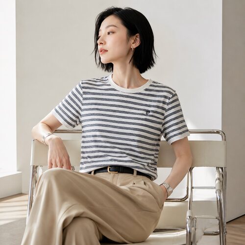 MMQ夏季女款人丝棉竹节条纹针织