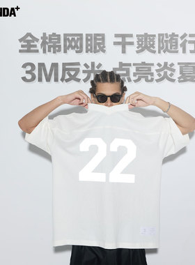 SEGUNDA+3M反光字母印花全棉网眼透气橄榄球服拼接球衣短袖T恤