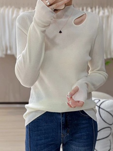 韩国100%超细羊毛漏洞小心机半高领长袖打底衫女欧货2023新款潮