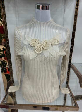 2024秋季新款大码胖MM灰色镂空高领立体提花长袖针织上衣欧货通勤