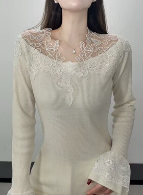 2026正版含羊毛蕾丝拼接V领针织衫女春季新款修身显瘦打底衫