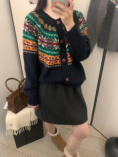 欧货针织衫 开衫 女士民族风绣花拼色绵羊毛长袖 欧洲站2024秋冬新款