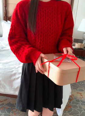 新年款韩系冬季通勤麻花百搭宽松圆领套头长袖保暖全羊毛红色毛衣