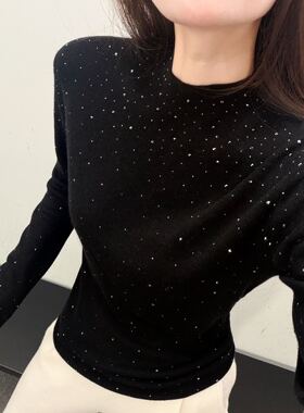 26早春新款法式浪漫星空细闪圆领长袖羊毛针织衫女修身显瘦打底衫