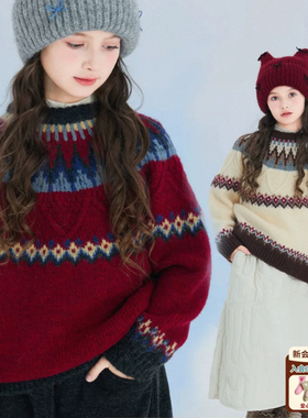 限时福利！25亲子装童装女童复古上衣新款儿童费尔岛圣诞花纹毛衣