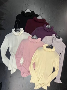 正版 韩系甜美减龄荷叶双层领针织打底衫 含羊绒 新款 2024冬季 高端