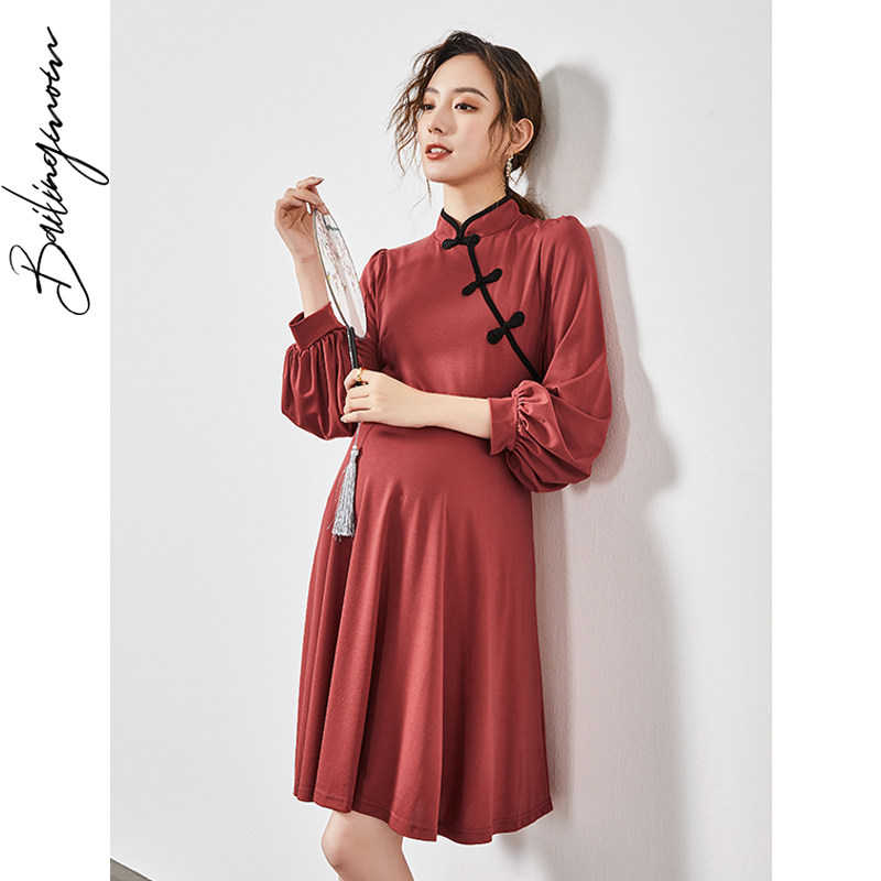 孕妇装秋装中国风改良孕妇旗袍裙秋冬款遮肚不显怀时尚潮妈连衣裙
