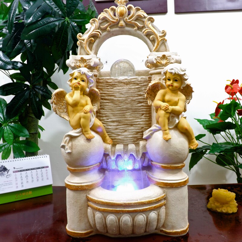 欧式家居流水摆件客厅加湿器桌面喷泉装饰品树脂招财人物天使雕塑