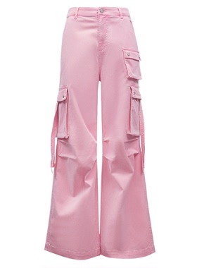 2024多口袋高腰直筒宽松工装裤做旧水洗休闲裤女14008