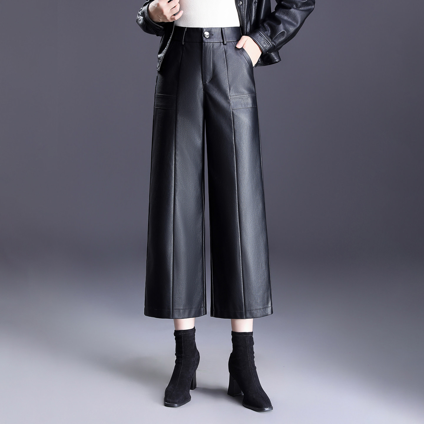 高级感加绒皮裤女八分裤秋冬新款直筒裤高腰显瘦宽松小个子阔腿裤