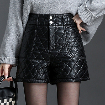 冬季时尚加厚皮短裤女外穿2025保暖显瘦直筒高腰加棉打底靴裤皮裤