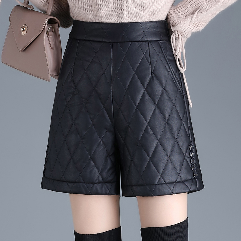 皮短裤女高腰加厚加棉短皮裤