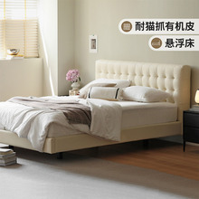 百伦沙实木悬浮床奶油风双人床白色大床简约软包床卧室家具皮床
