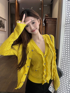 【氧气多巴胺】Jennie同款发财黄/白茶色 马甲+开衫套组