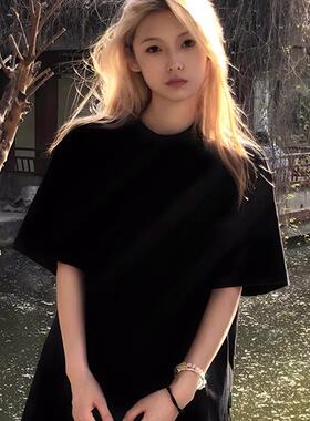 美式高克重磅纯色圆领黑色t恤女款夏季短袖内搭纯棉5分袖体恤上衣