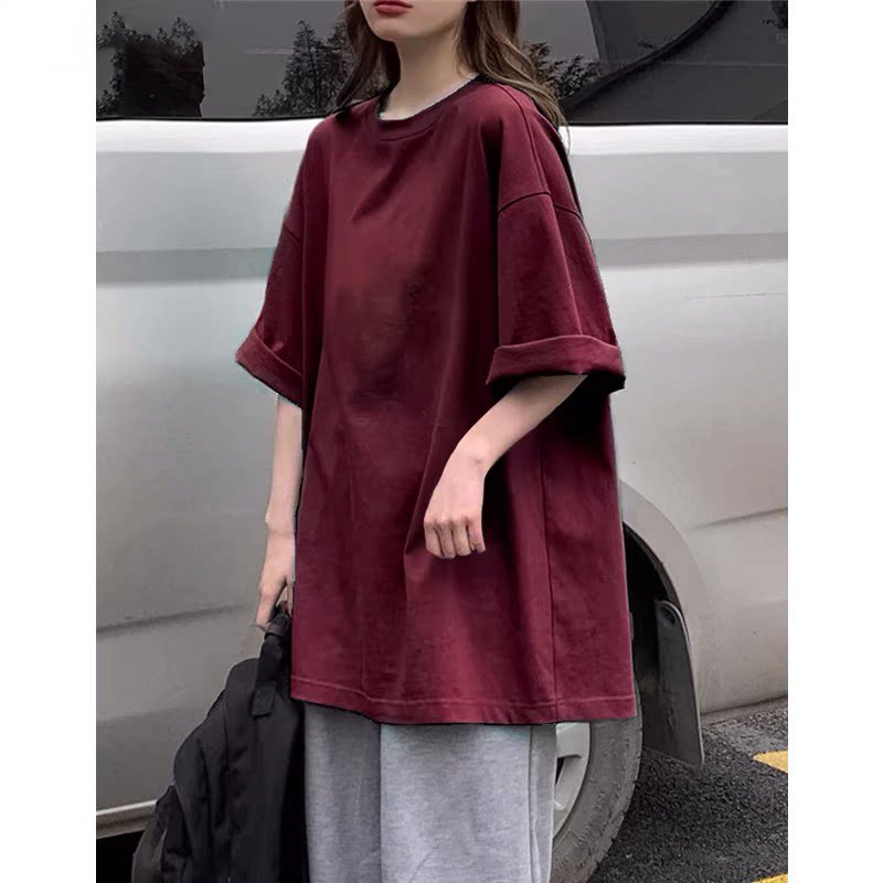 100%纯棉原宿风纯色短袖夏季款t恤女学生ins潮oversize内搭打底衫