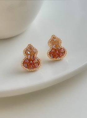 如意~夏日清新甜美橙色渐变水晶葫芦耳饰镶嵌锆石手工度假风耳饰