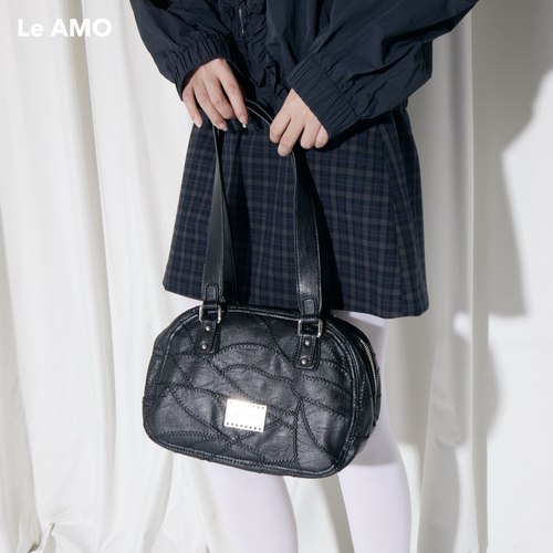 中古感做旧设计刺绣拼接波士顿包